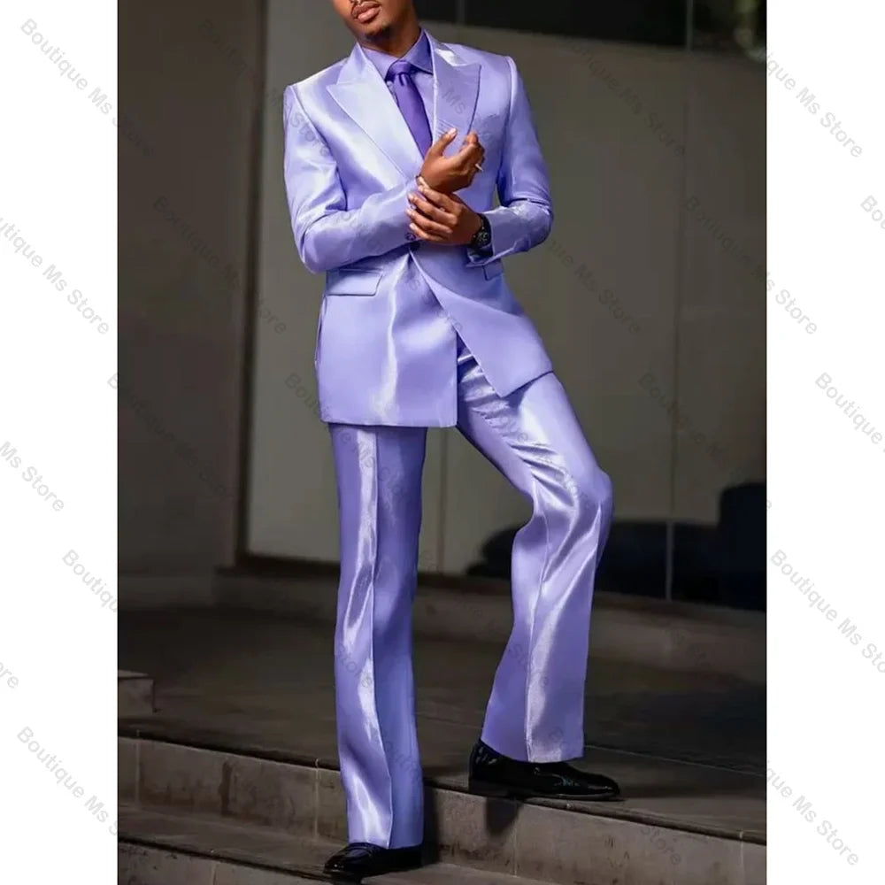 Purple satin men's suit by Showlu Fashion Store, 2-piece peak lapel wedding and prom set, with tailored jacket and matching trousers.