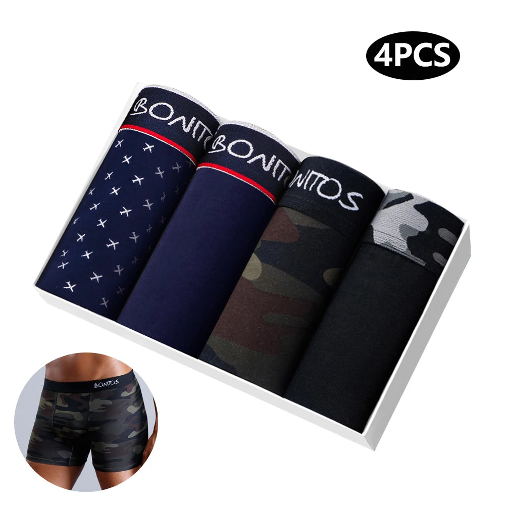 Showlu men's cotton boxer shorts in a 4-pack with camouflage print, comfortable underwear featuring breathable fabric.