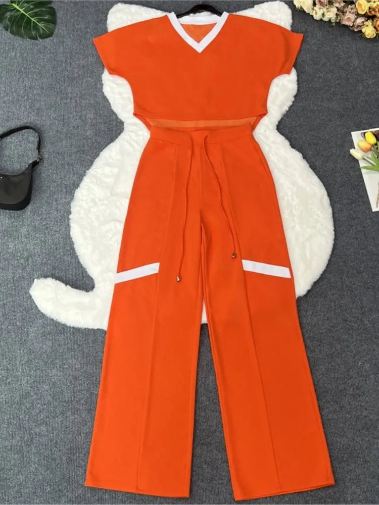 Elegant Women's Casual Short Sleeve T-shirt Sports Suit Summer Fashion Solid V Neck Short Top & Straight Pants Two Piece Sets
