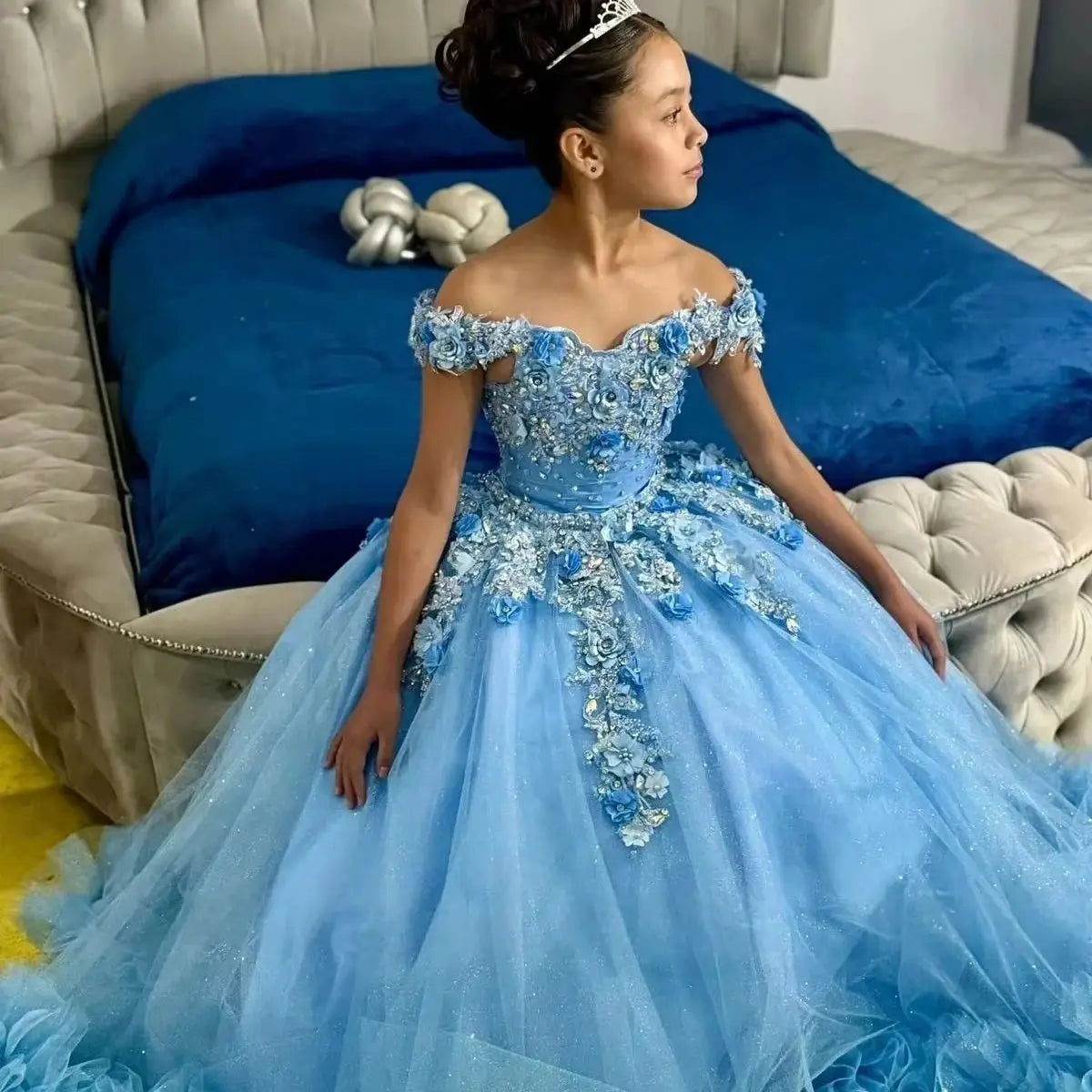 Customized Off Shoulder Flower Girl Dress for Wedding with Bow Appliqué Tulle Long Kids Birthday Party First Communion Gown