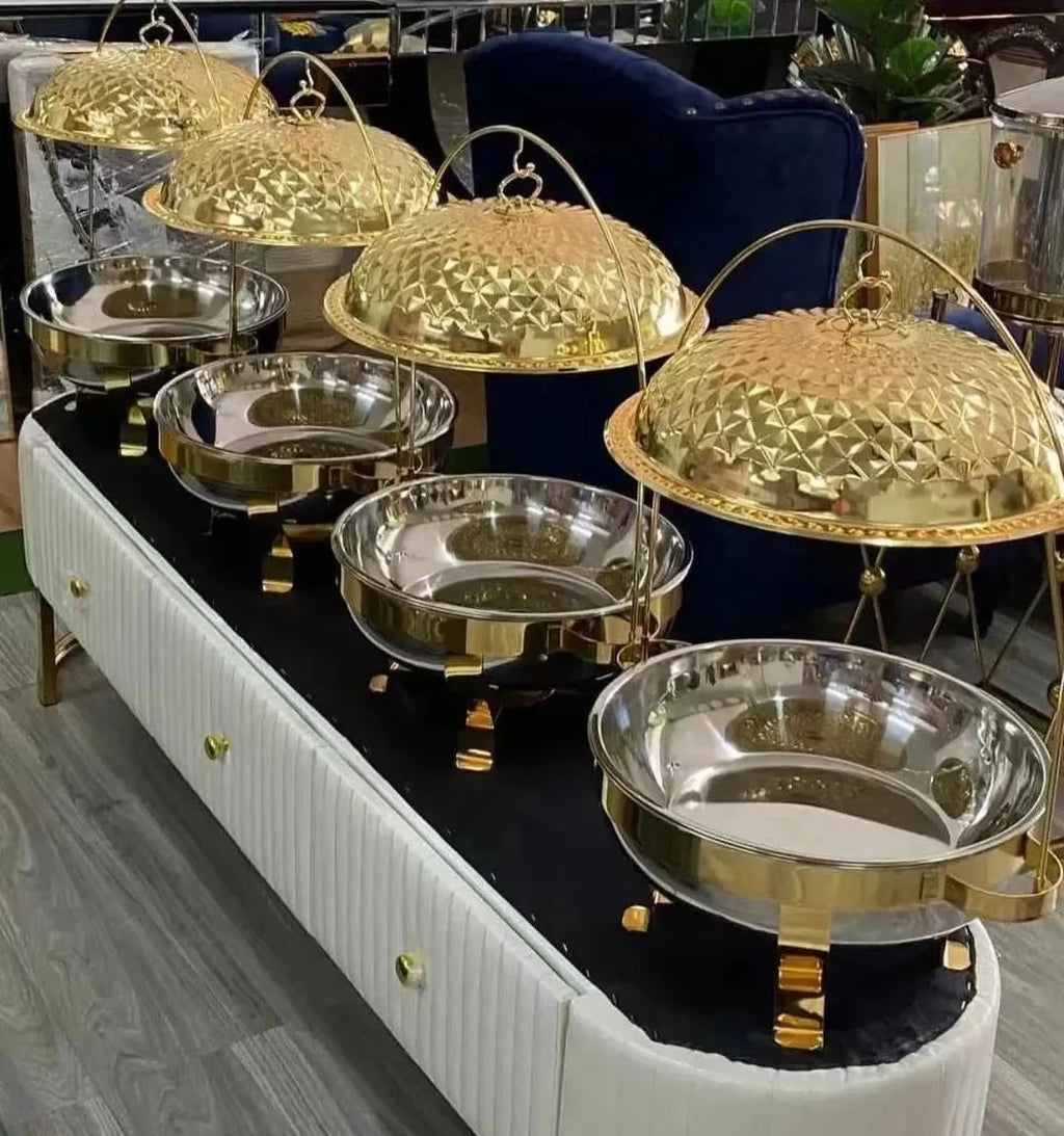 Gold round hanging chafing dish from Showlu Fashion Store, used for hotel wedding buffets and catering, with food warming features.