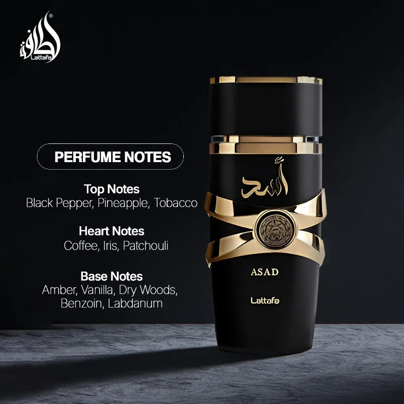 Lattafa Asad men's Eau de Parfum with long-lasting oriental scent, 100ml bottle, featuring elegant packaging and design.
