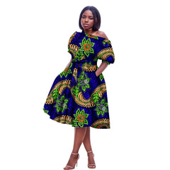 African Ankara Printed Fabric Women's Strapless Loose Dress Sexy Waistband Bubble Sleeve Dress 2425079