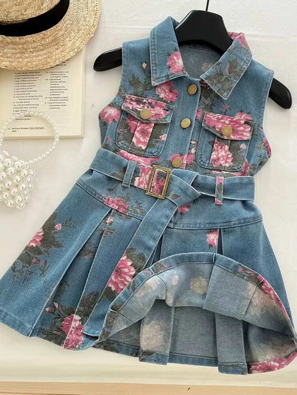 Girls Summer Denim Dress – Floral Print Collar & Belted A-Line Skirt, Korean Style Kids Fashion Princess Dress for Girls
