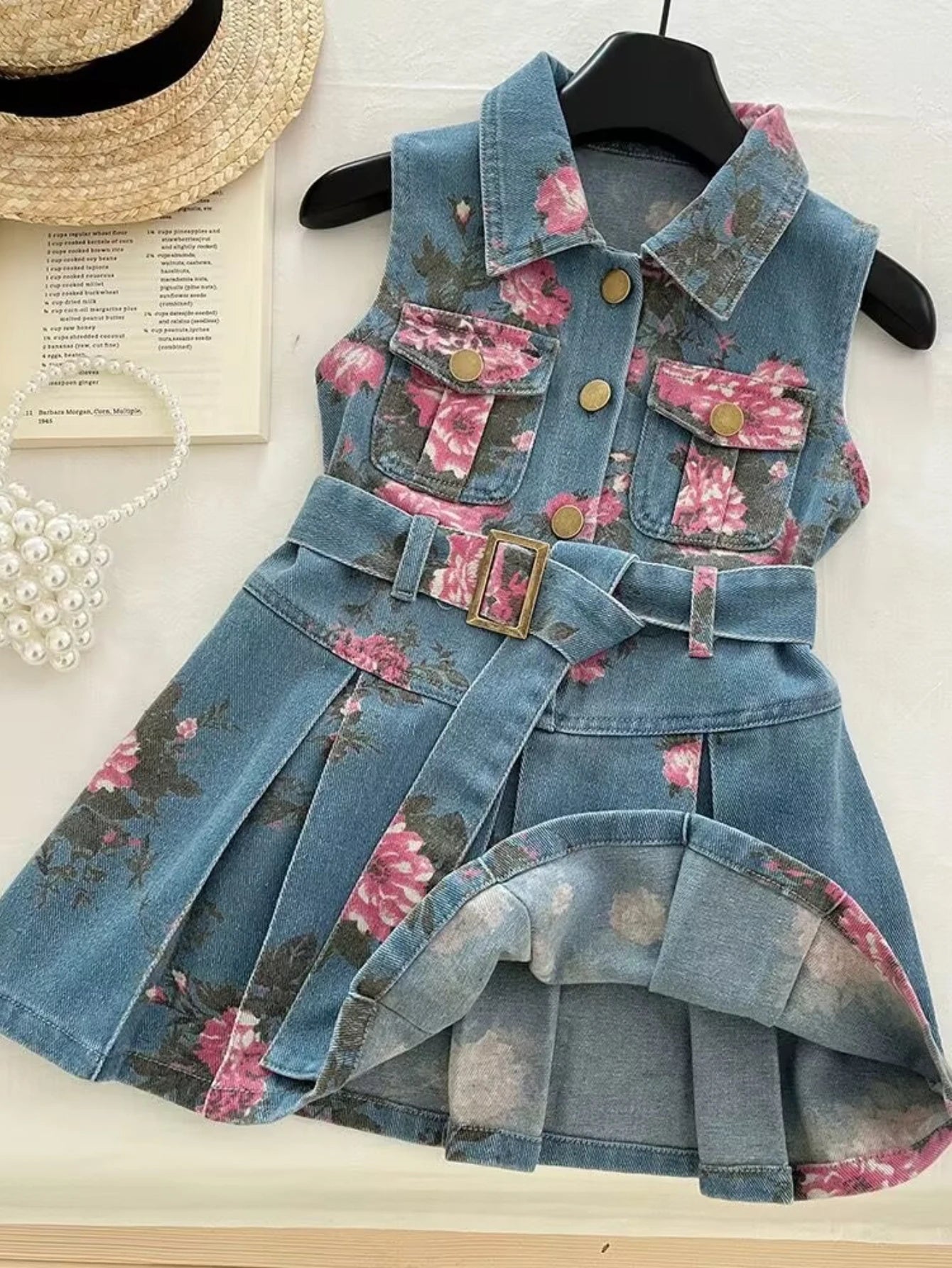 Girls Summer Denim Dress – Floral Print Collar & Belted A-Line Skirt, Korean Style Kids Fashion Princess Dress for Girls