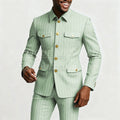 Elegant men's pinstripe suit by Showlu Fashion with single-breasted jacket and slim-fit pants, stylish stand lapel design.