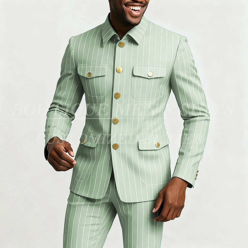 Elegant men's pinstripe suit by Showlu Fashion with single-breasted jacket and slim-fit pants, stylish stand lapel design.