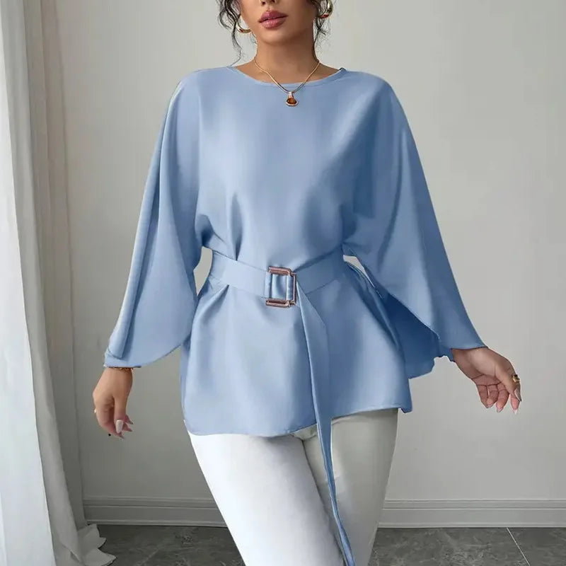 Showlu Fashion ILUKiss women's loose half sleeve blouse with belt, solid casual top, stylish and comfortable for everyday wear.