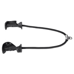 A black tricep rope cable attachment featuring two ergonomic handles and a central metal ring.