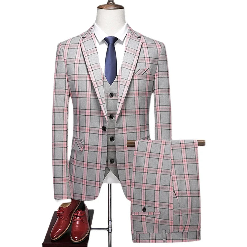 Men's High-End Plaid Three-Piece Suit Set European American Fashion Wedding Business Style Vest Trousers Included