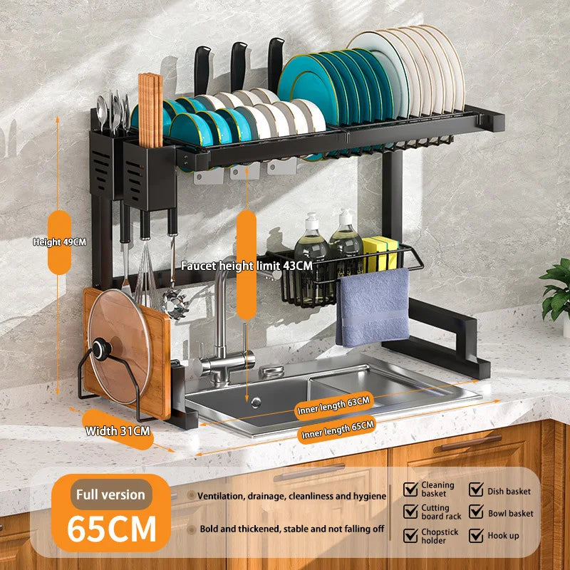 Stainless steel kitchen sink dish drain rack with utensil holder, showing organized space for drying dishes and utensils.