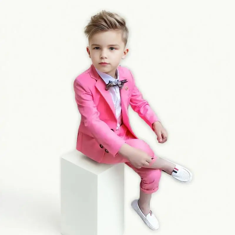 Children's pink spring dress suit set for boys, includes jacket and pants, perfect for parties and performances.