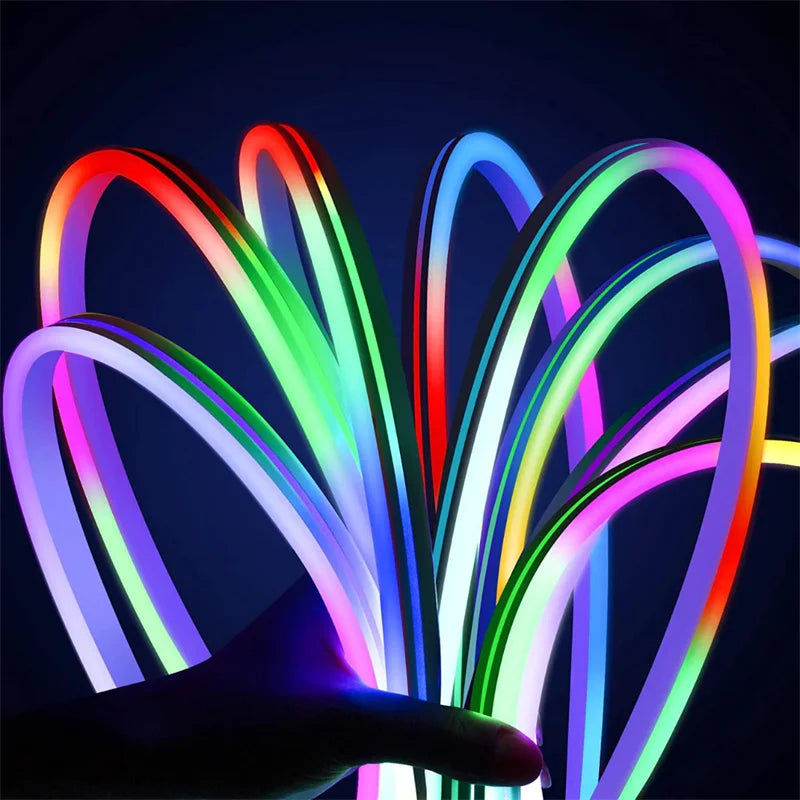 RGBIC Neon LED strip light by Showlu Smart General with Bluetooth app control, colorful lighting visible in the image.