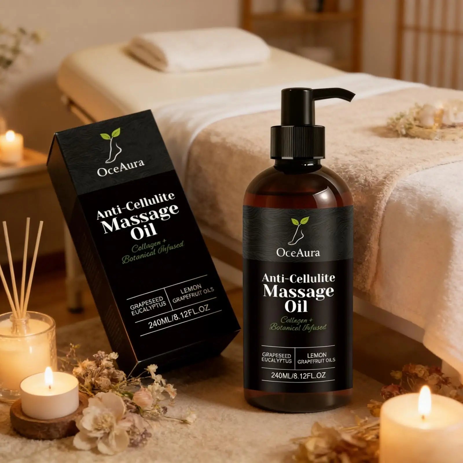 OceAura Anti-Cellulite Firming Massage Oil with lemon and grapefruit, shown in a clear bottle with citrus slices and natural ingredients