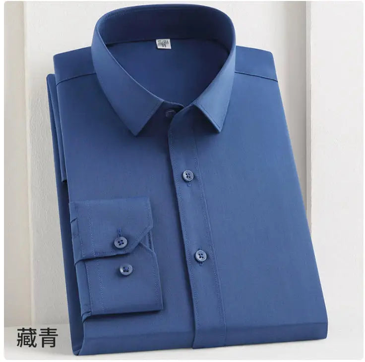 White bamboo fiber men's long sleeve dress shirt by Showlu Fashion, featuring stretch-free, soft, professional formal business style.