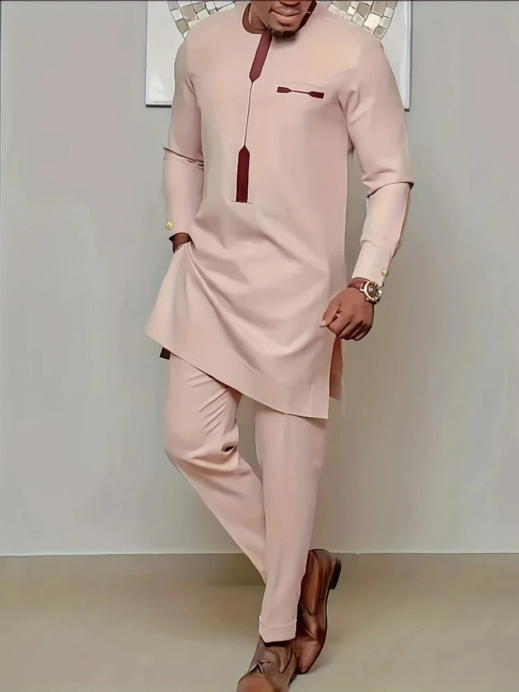 Showlu men's casual two-piece set with long-sleeve top and trousers, stylish and comfortable for everyday wear.