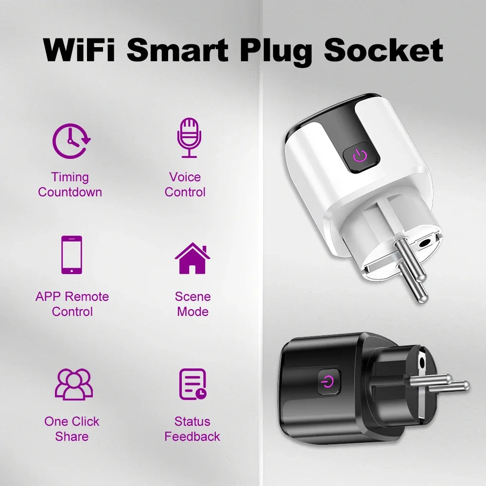 Showlu Smart WiFi Smart Plug with EU socket, power monitor, and voice control for remote appliance management.