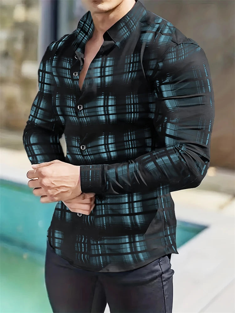 Multicolour striped men's long-sleeved casual shirt with buttons and lapel, made of polyester for autumn wear