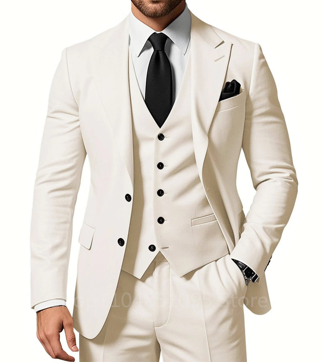 Solid navy 3-piece men's wedding tuxedo set with peak lapel jacket, matching pants, and vest, formal groom or prom suit by Showlu Fashion