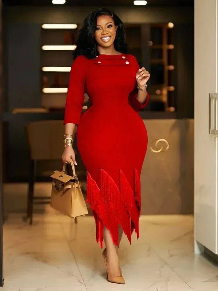 AOMEI red tassel backless formal dress with slim fit lace-up design, perfect for parties and elegant events.