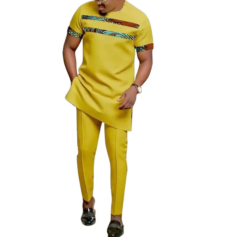 African Fashion Yellow Men's Set Outfits Short Sleeve Tops Patch Trousers Nigerian Print Male Pant Suits Party Wear Customized