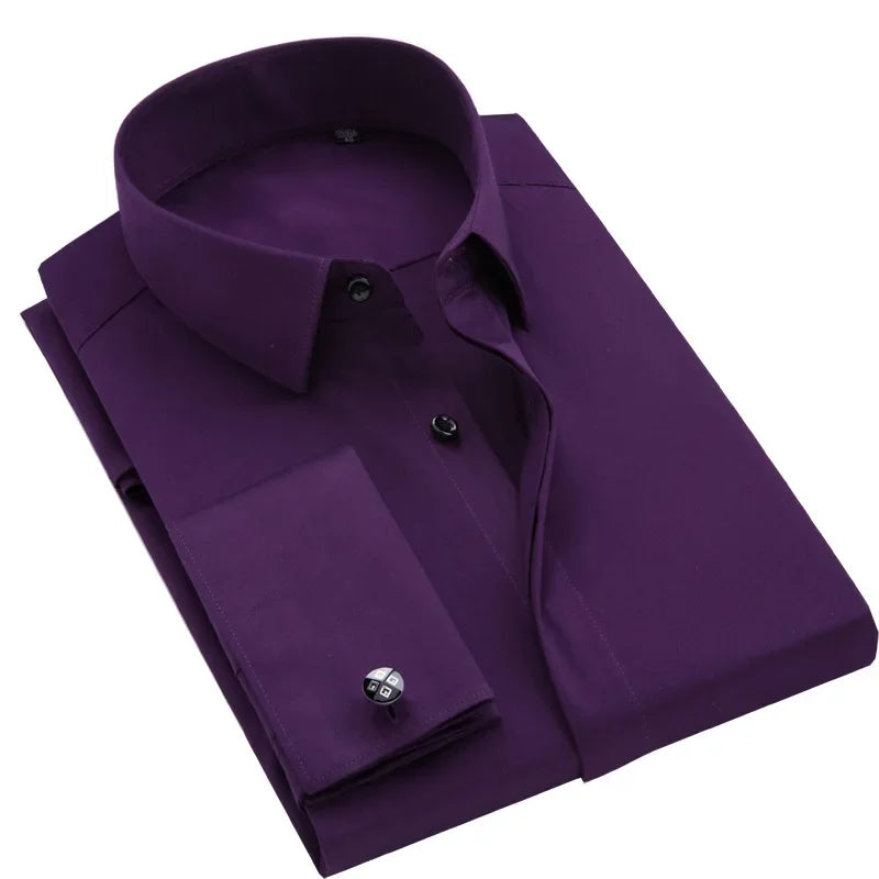 French Cufflink Men's Long Sleeve Bamboo Fiber Covered Button Shirt Slim Fit  Wedding Dress Sleeve Spikes Business Dress  Shirt
