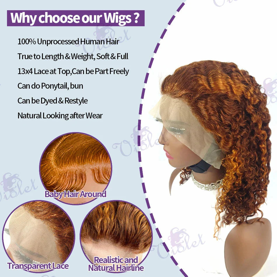 Mayfive Orange Ginger Deep Wave Lace Frontal Human Hair Bob Wig with natural waves and vibrant color, styled for a chic look