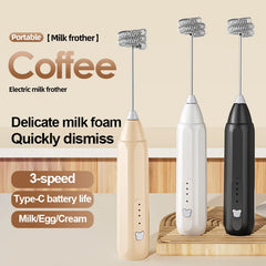 Portable Mini Electric Milk Frother Handheld 3-Speed Rechargeable