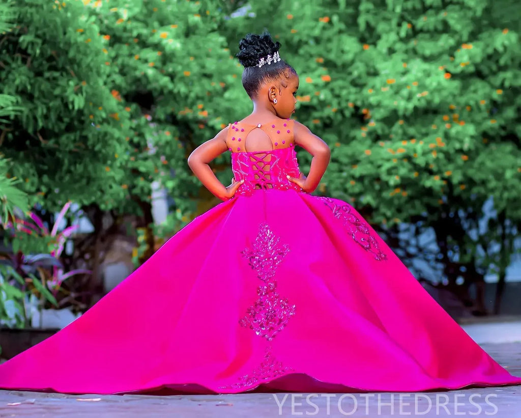 Fuchsia flower girl dress by Gdybao with beaded lace satin fabric, perfect for birthday parties and special occasions.