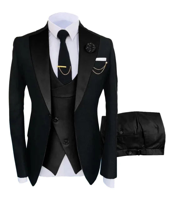 Black men's slim fit business suit with jacket, pants, and vest, perfect for formal weddings and special occasions.
