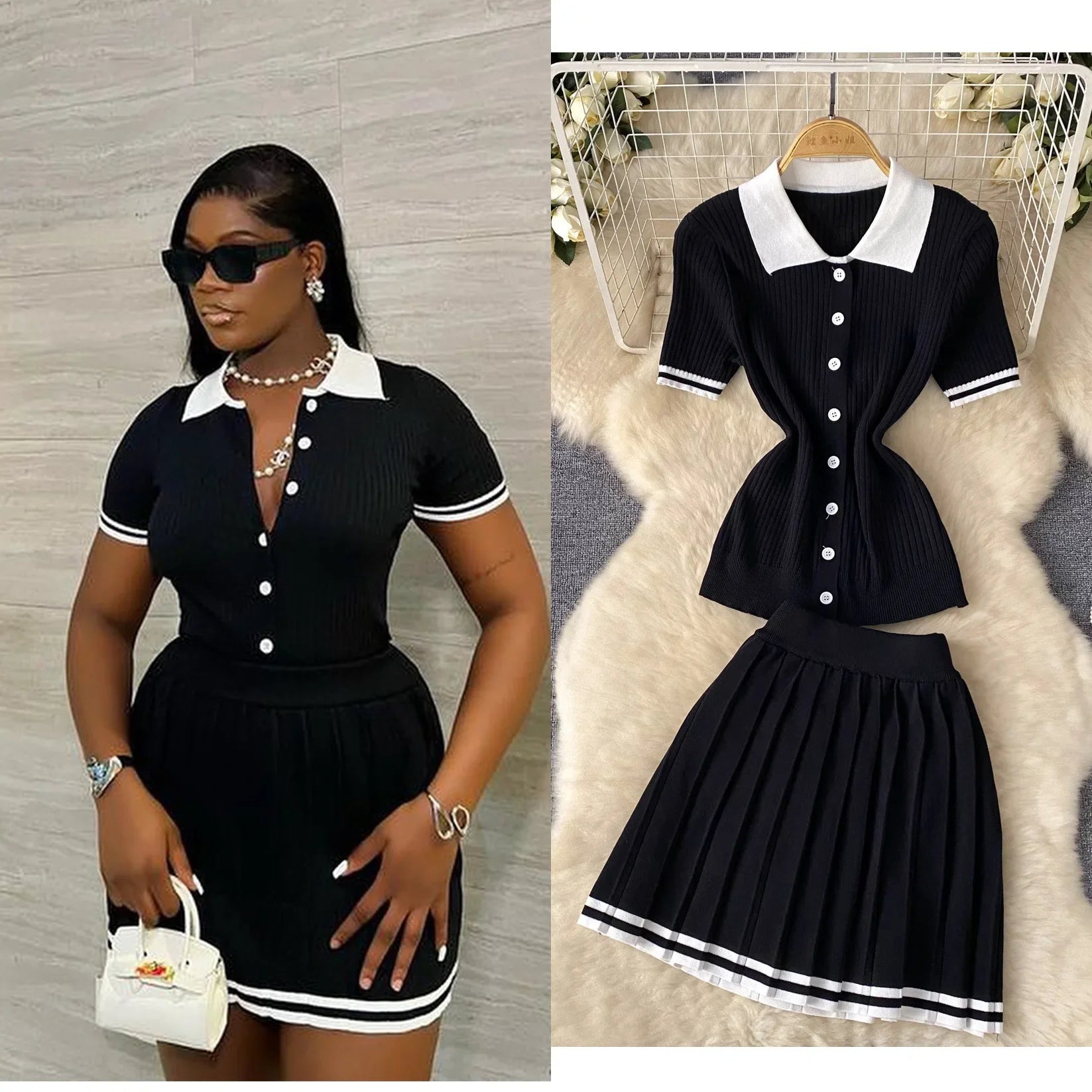 SHOWLU FASHION STORE women's two-piece mini skirt set with polo knit top and pleated skirt, casual and stylish outfit.