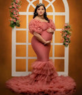 Pink off-shoulder maternity robe with tiered ruffles and mermaid style, perfect for pregnancy photos and baby showers.