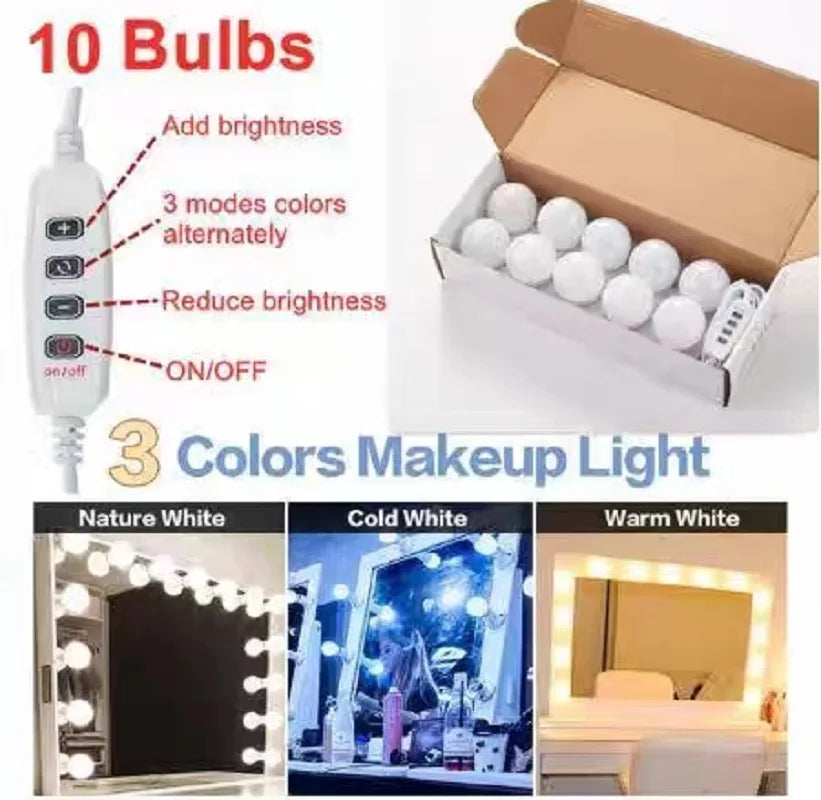Dimmable LED vanity mirror lights by Pampsee, USB-powered makeup light bulbs, shown installed around a mirror for bright, adjustable lighting.