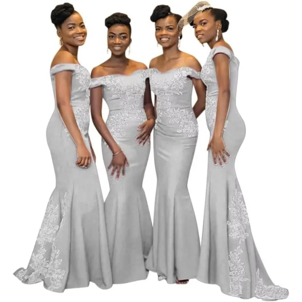 Burgundy off-the-shoulder mermaid satin bridesmaid dress by SHOWLU FASHION STORE, featuring fitted silhouette and elegant design.
