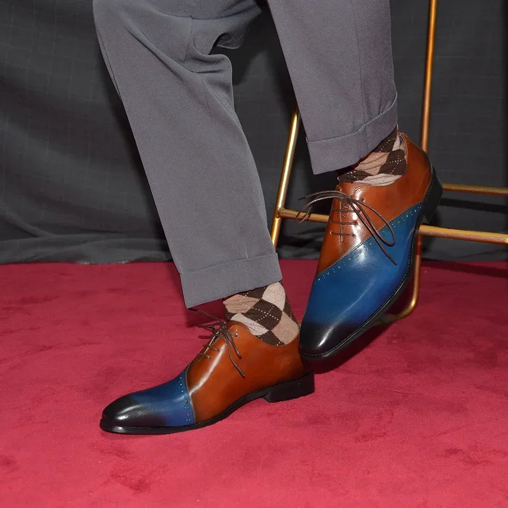 Showlu Fashion men's formal wedding dress shoes in brown and blue genuine leather, pointed toe lace-up oxford style.