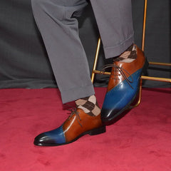 High Quality Men's Wedding Dress Shoes Genuine Leather Pointed Toe Lace-up Brown Blue Party Dinner Oxfords Formal Shoes for Man