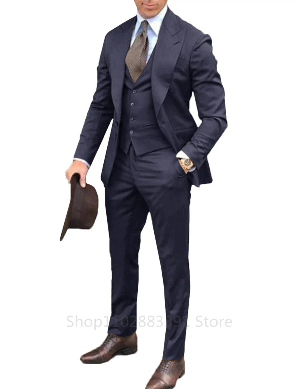 Men's burgundy slim fit 3-piece suit with peak lapel tuxedo style by Showlu Fashion, featuring tailored blazer, vest, and matching trousers.