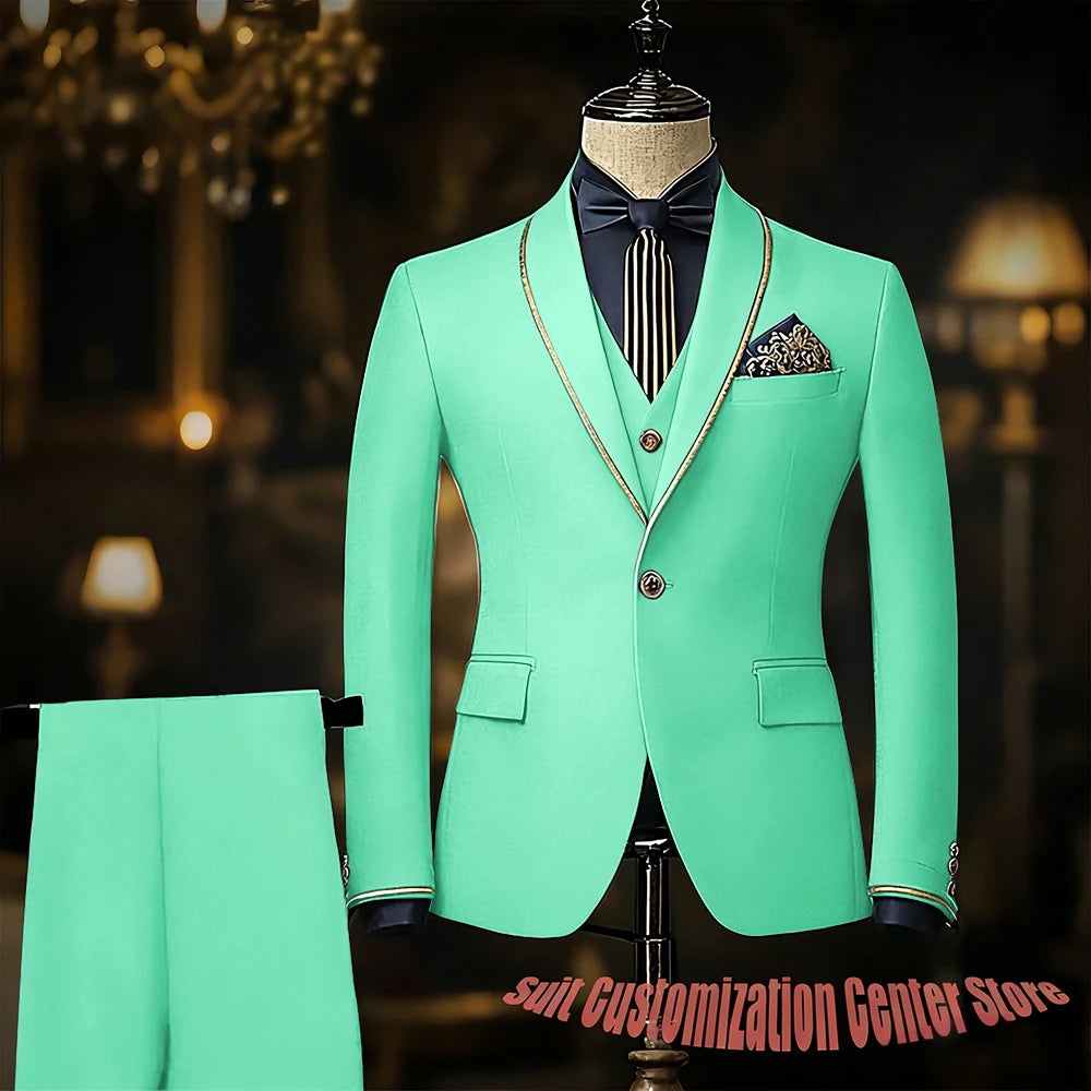 Navy blue men's suit set with jacket, vest, and pants, slim fit tuxedo with shawl lapel, ideal for weddings and formal occasions.