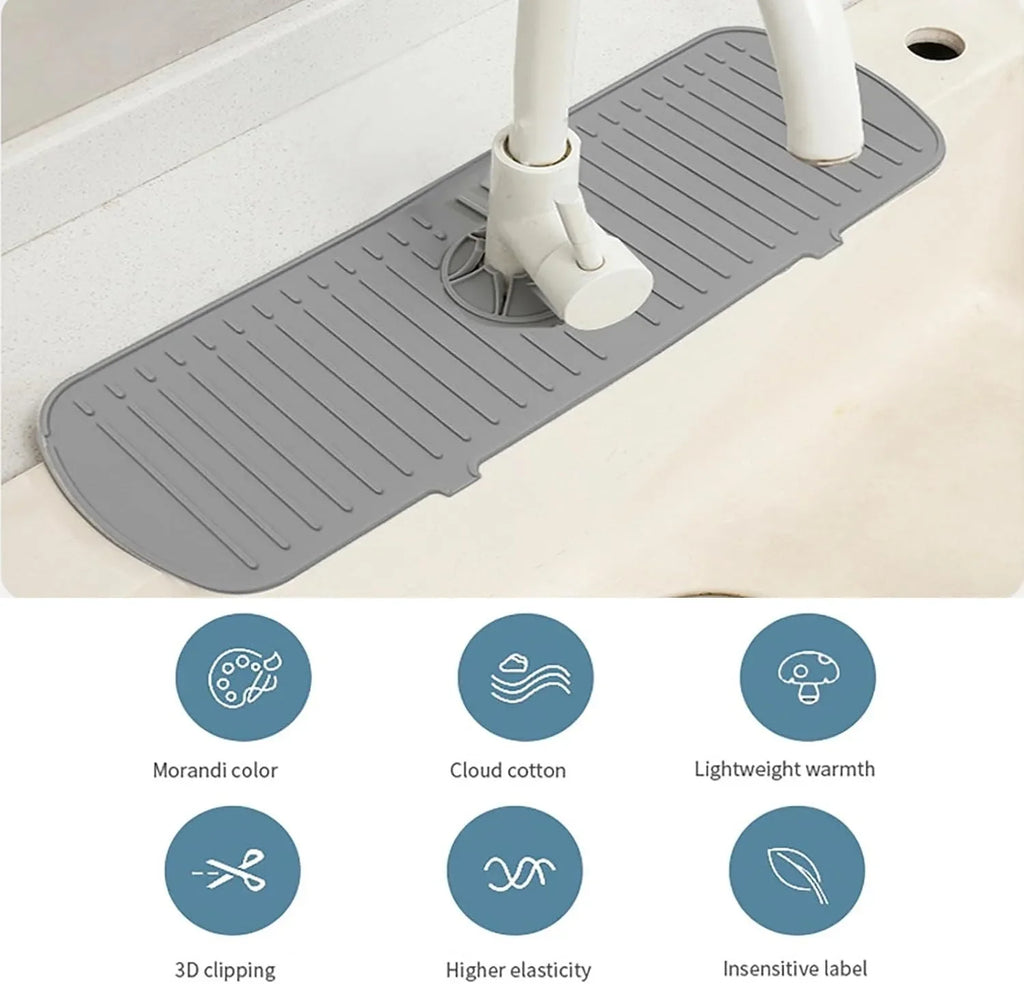 Showlu Smart General silicone faucet splash guard preventing water splashes around kitchen sink faucet.