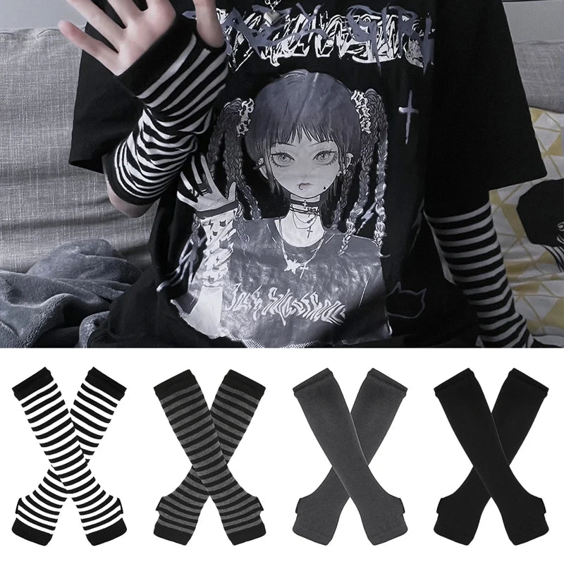 Showlu Smart General winter long sleeve fingerless gloves for men and women, knitted with stripe design and elastic for outdoor warmth.