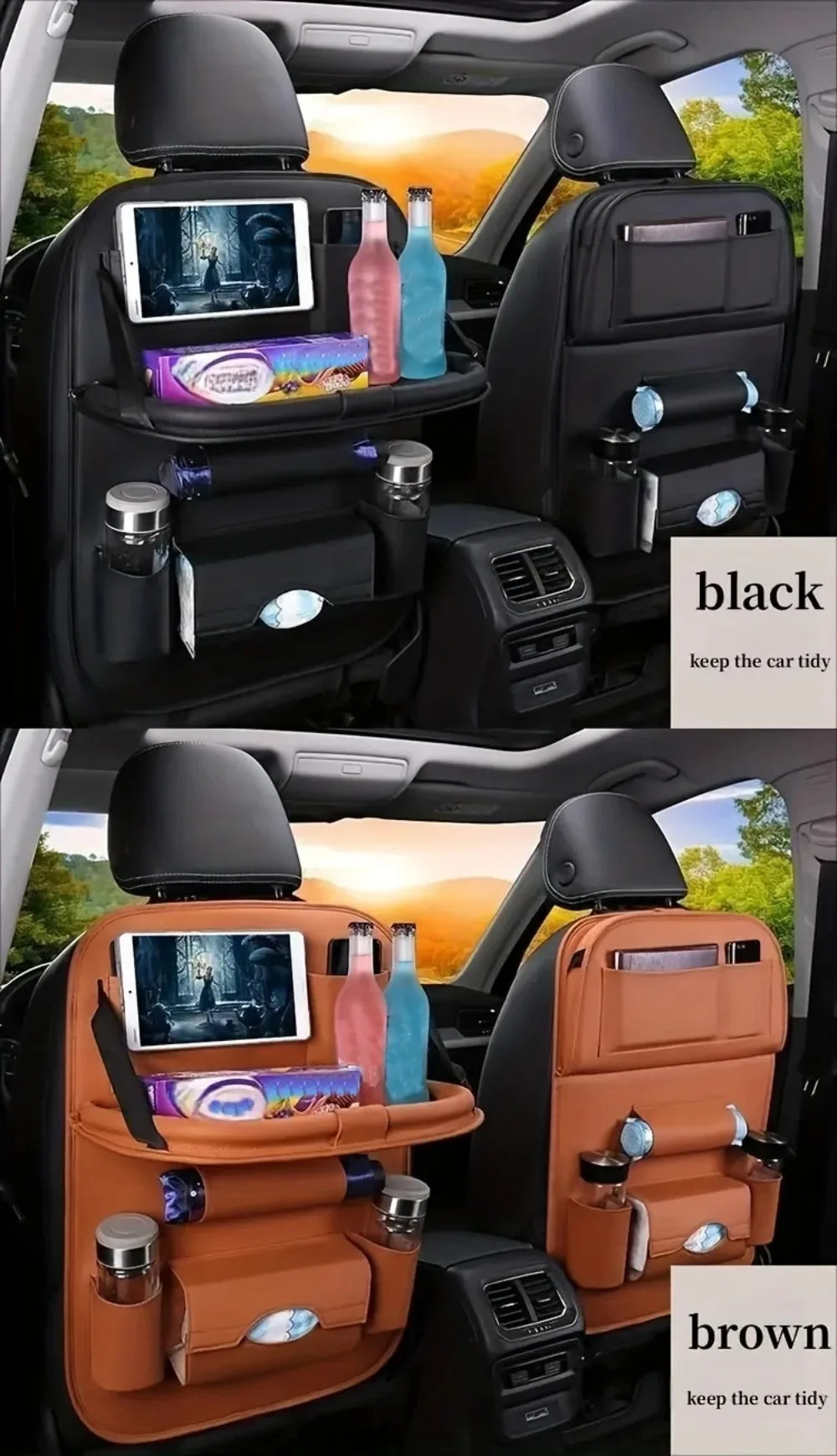 Showlu Smart General car seat organizer with tray showing multiple compartments and a built-in tray for easy access and storage.