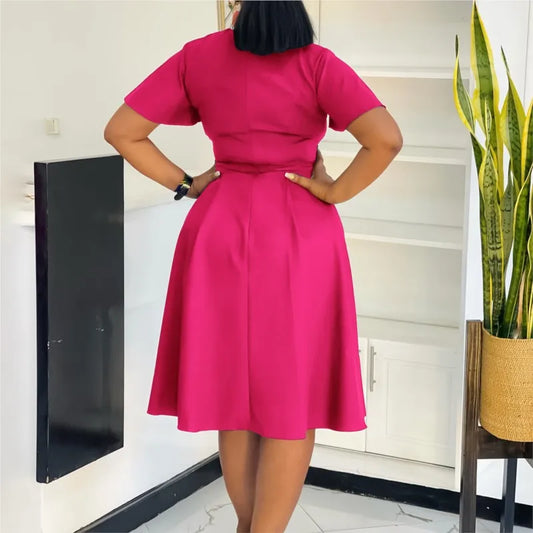2025 Summer Fashion Solid Color Tie Waist Short Sleeve Dress Formal Midi Dress Going Out Outfits Elegant Women Clothing Style