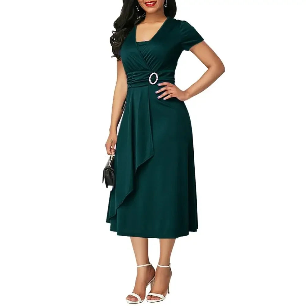 Liva Girl Women's V-Neck Short Sleeve Summer Party Dress in elegant A-line style, navy blue fabric with a fitted waist.