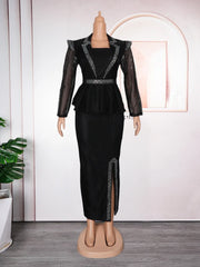 Women Fashion Celebrate Evening Party Dress Turn Down Neck Diamond See Through Long Sleeve Slim Slit Birthday Wedding Guest Robe