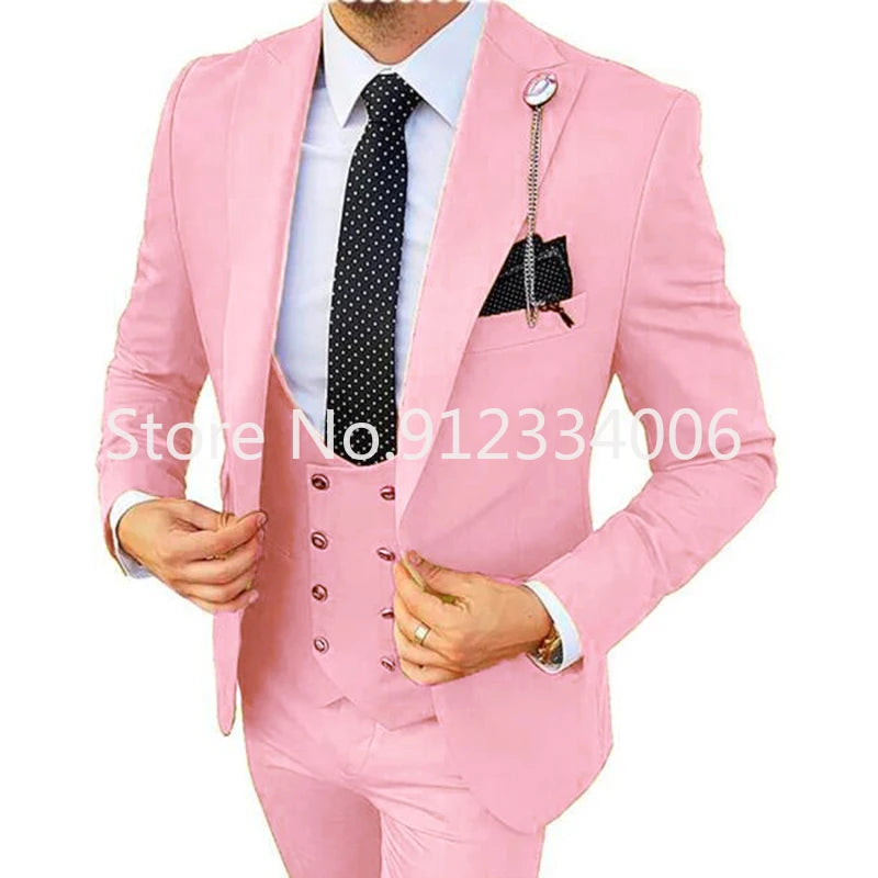 Formal men's 3-piece wedding suit with blazer, pants, and vest, slim fit champagne tuxedo for groom and special occasions.