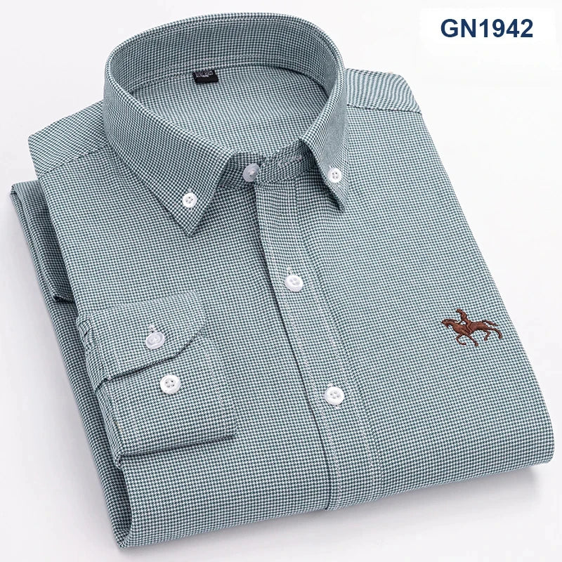 Men's slim fit long-sleeve casual shirt by Qi Xiu Cai in 100% cotton, size 6XL, shown in dark color with collar and button details.