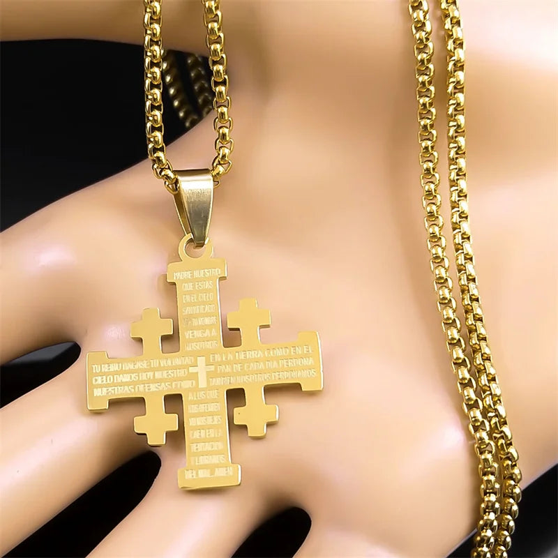 Stainless steel Jerusalem Cross necklace with Bible verse pendant, featuring intricate religious design and polished finish.