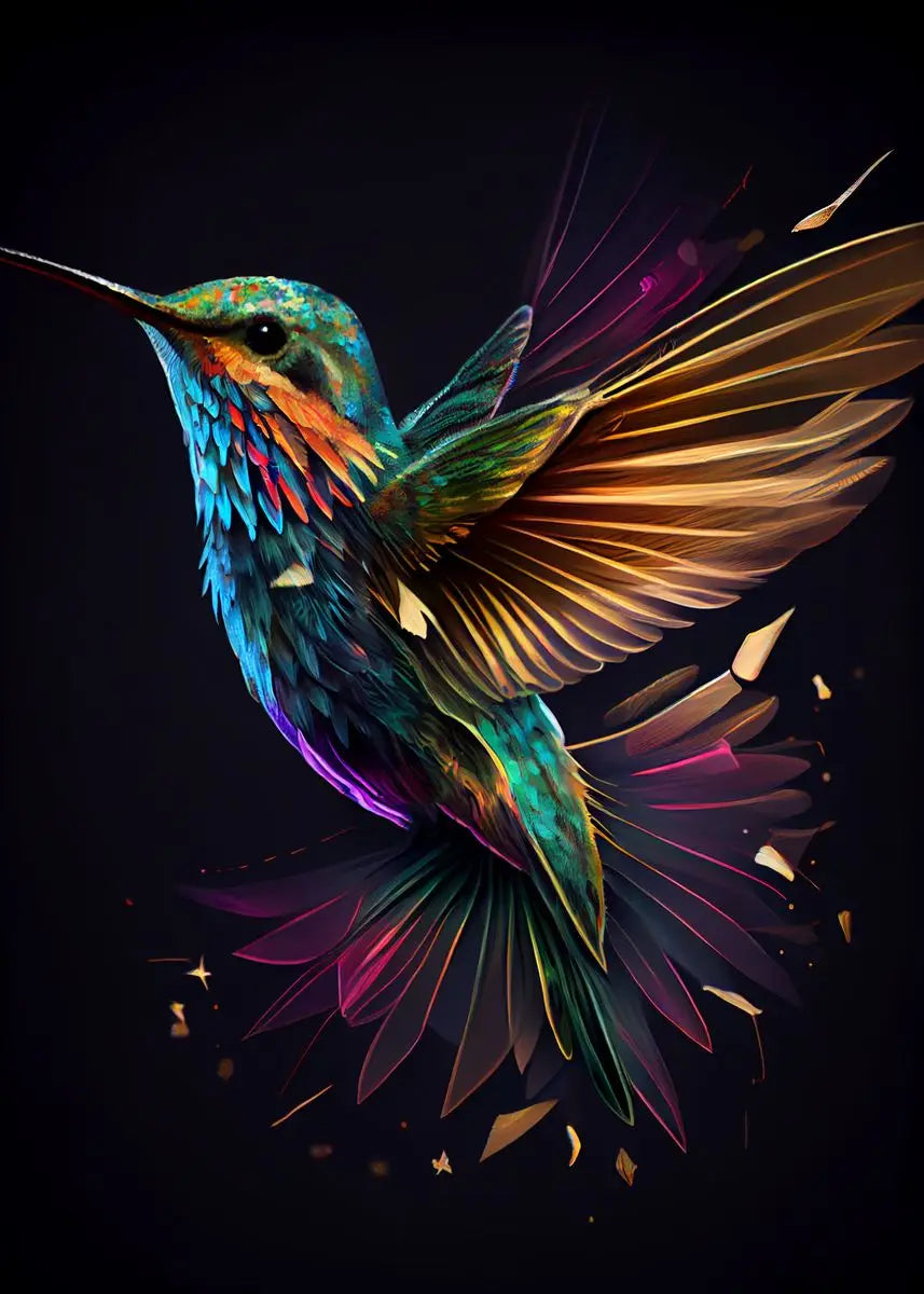 Colorful watercolor hummingbird and flower wall art canvas print, vibrant home decor for living room or home interior.