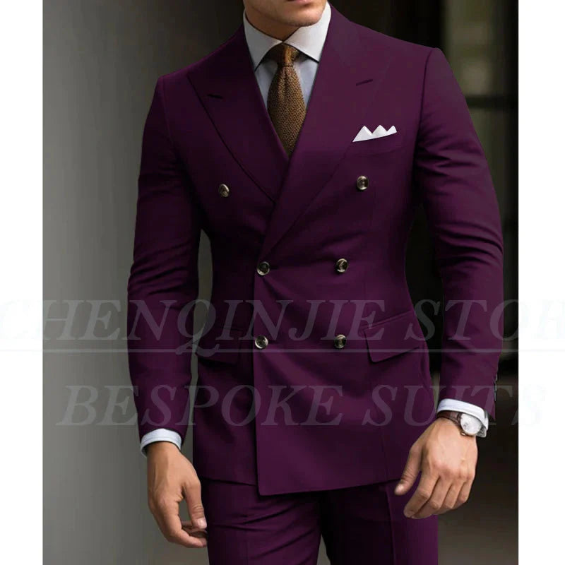 SHOWLU Men's slim fit green 2-piece suit with double-breasted blazer, tailored for stylish wedding or formal occasions.