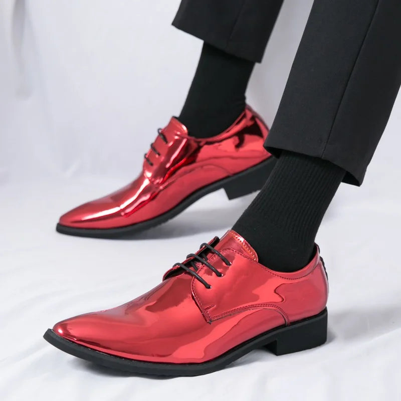 Men's patent leather derby shoes with pointed toes, stylish wedding and party footwear by Showlu Fashion Store.